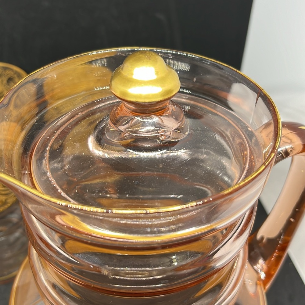 Art Deco Dunbar Flint Pink /G Depression Lemonade Pitcher 1920's with 6 glasses - Picture 10 of 14